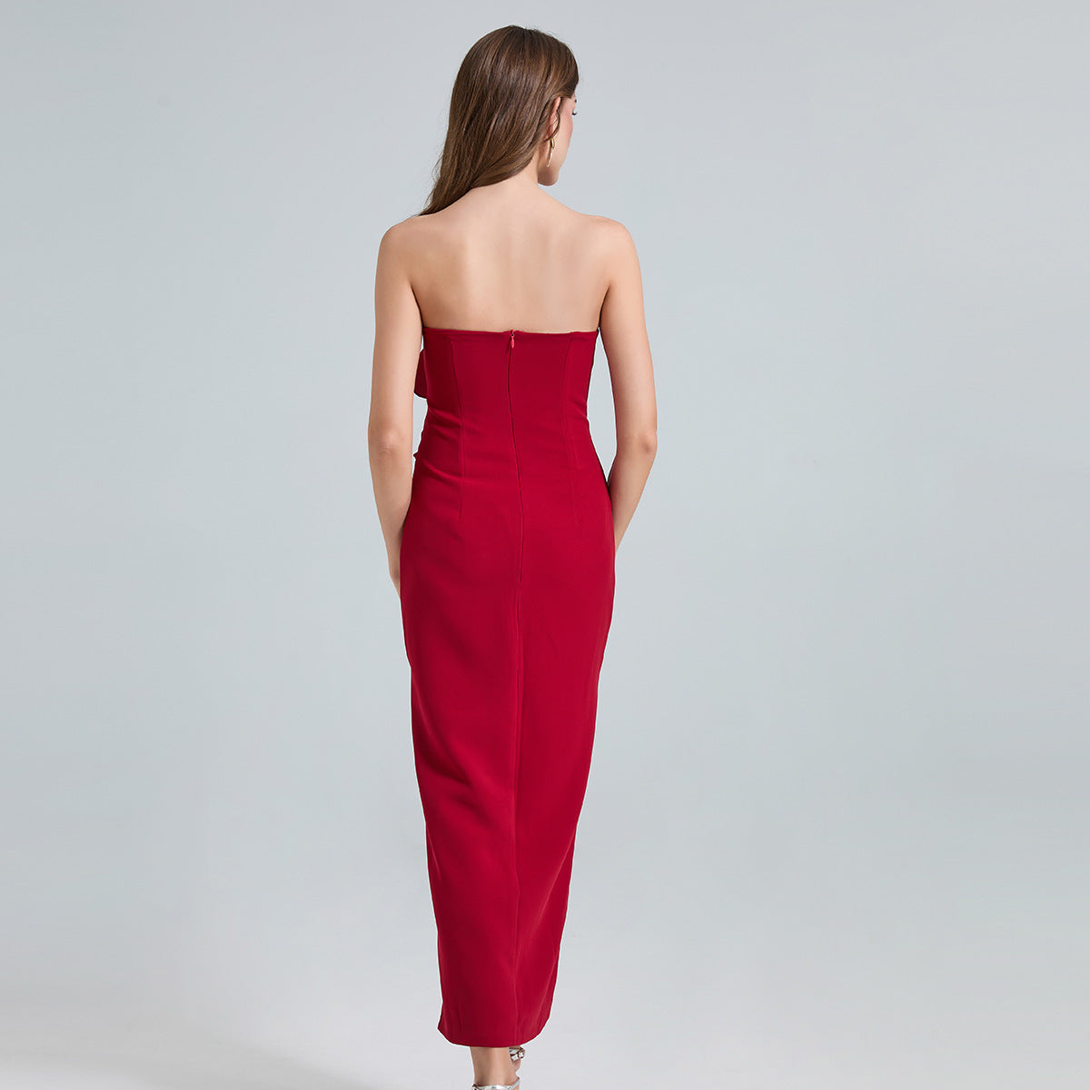 Strapless 3D Rose Maxi Dress – Red